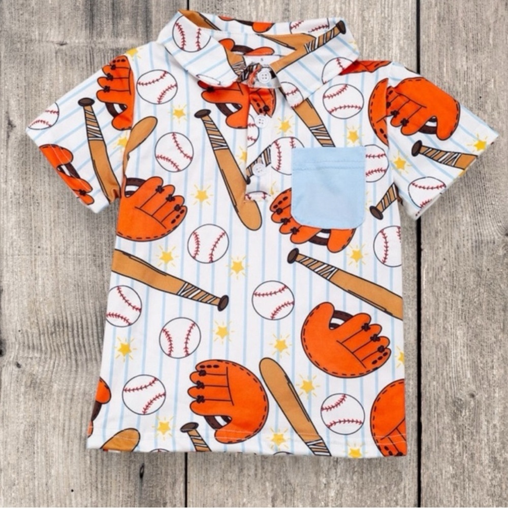 New Boutique Kids Baseball Print Shirt - Orange and Blue